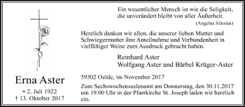 Traueranzeige von Erna Aster von Die Glocke