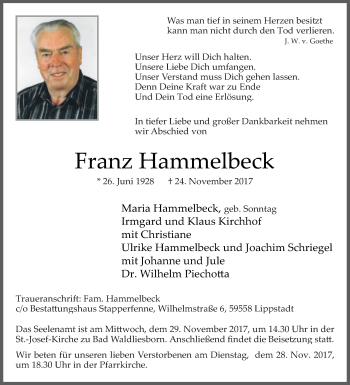 Traueranzeige von Franz Hammelbeck von Die Glocke