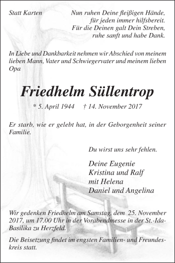 Traueranzeige von Friedhelm Süllentrop von Die Glocke