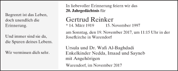 Traueranzeige von Gertrud Reinker von Die Glocke