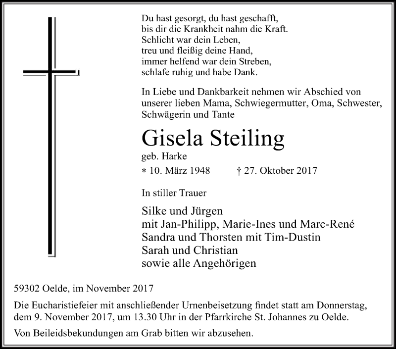  Traueranzeige für Gisela Steiling vom 04.11.2017 aus Die Glocke