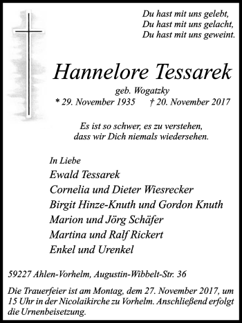 Traueranzeige von Hannelore Tessarek von Die Glocke