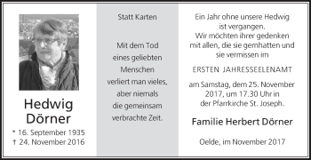 Traueranzeige von Hedwig Dörner von Die Glocke