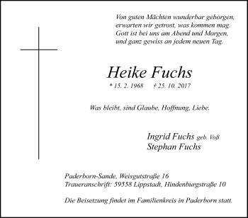 Traueranzeige von Heike Fuchs von Die Glocke