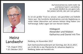 Traueranzeige von Heinz Landwehr von Die Glocke