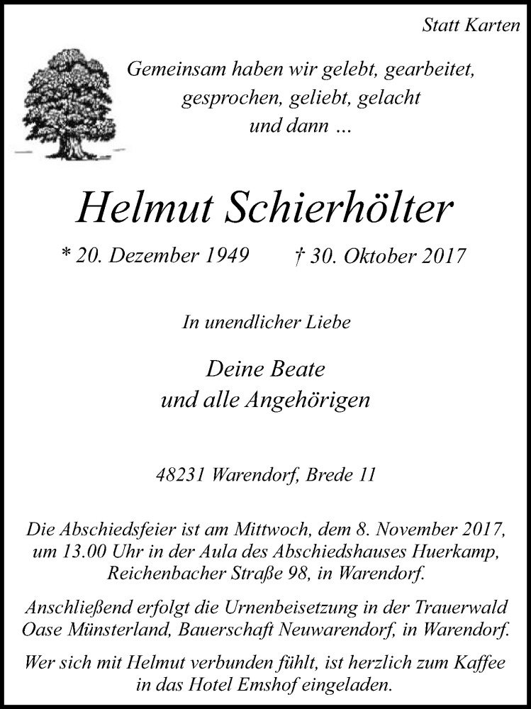  Traueranzeige für Helmut Schierhölter vom 04.11.2017 aus Die Glocke