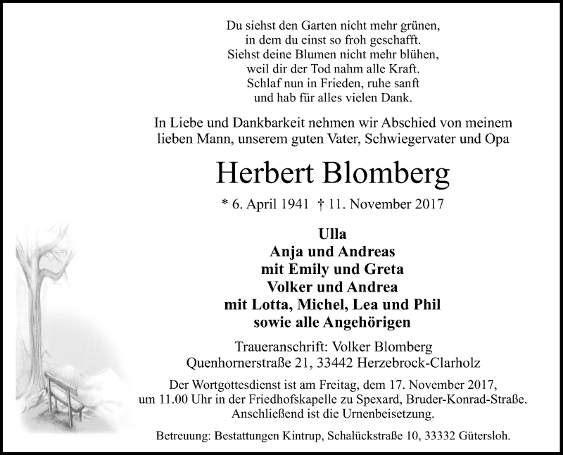 Traueranzeige für Herbert Blomberg vom 14.11.2017 aus Die Glocke