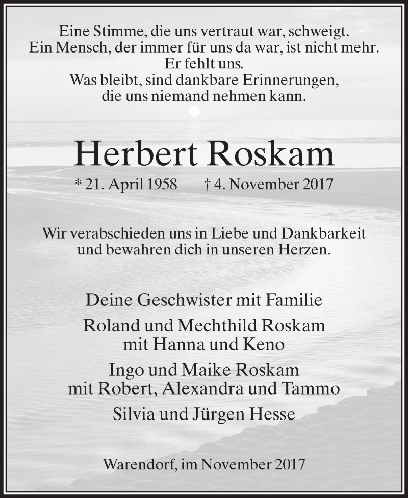  Traueranzeige für Herbert Roskam vom 08.11.2017 aus Die Glocke