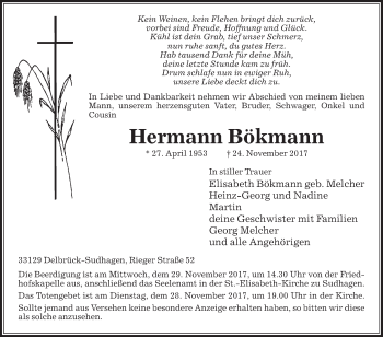 Traueranzeige von Hermann Bökmann von Die Glocke