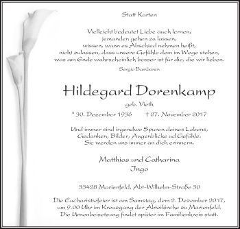 Traueranzeige von Hildegard Dorenkamp von Die Glocke
