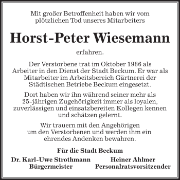 Traueranzeige von Horst-Peter Wiesemann von Die Glocke