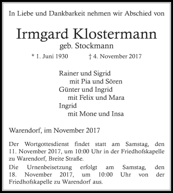 Traueranzeige von Irmgard Klostermann von Die Glocke