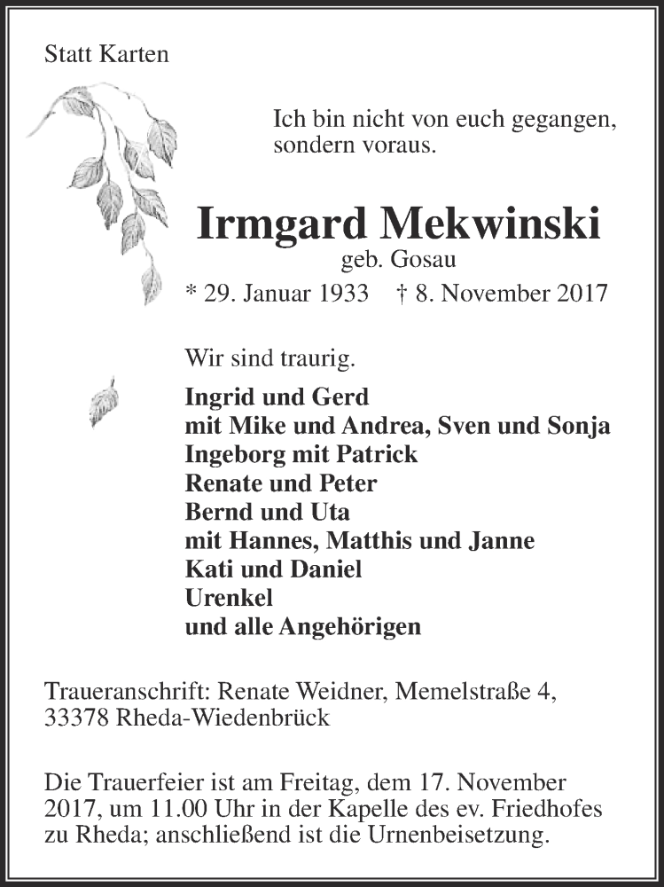  Traueranzeige für Irmgard Mekwinski vom 11.11.2017 aus Die Glocke