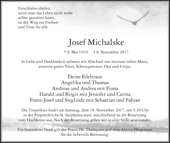 Traueranzeige von Josef Michalske von Die Glocke