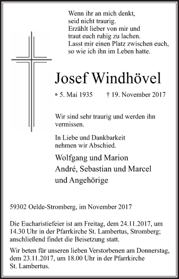 Traueranzeige von Josef Windhövel von Die Glocke