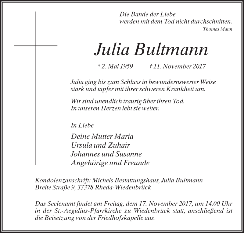  Traueranzeige für Julia Bultmann vom 14.11.2017 aus Die Glocke