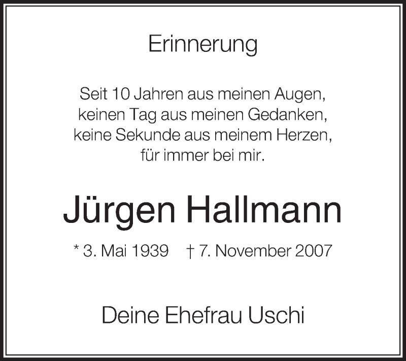  Traueranzeige für Jürgen Hallmann vom 07.11.2017 aus Die Glocke