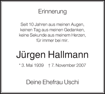 Traueranzeige von Jürgen Hallmann von Die Glocke