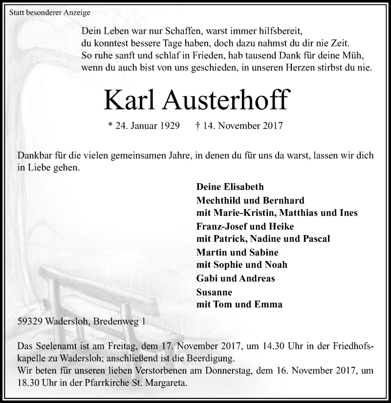  Traueranzeige für Karl Austerhoff vom 15.11.2017 aus Die Glocke