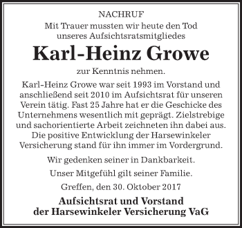 Traueranzeige von Karl-Heinz Growe von Die Glocke