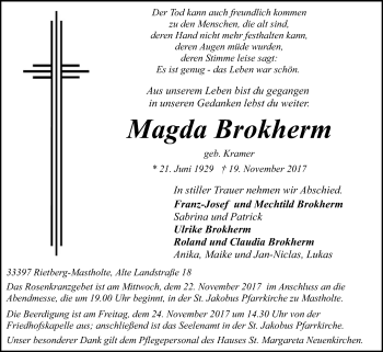 Traueranzeige von Magda Brokherm von Die Glocke