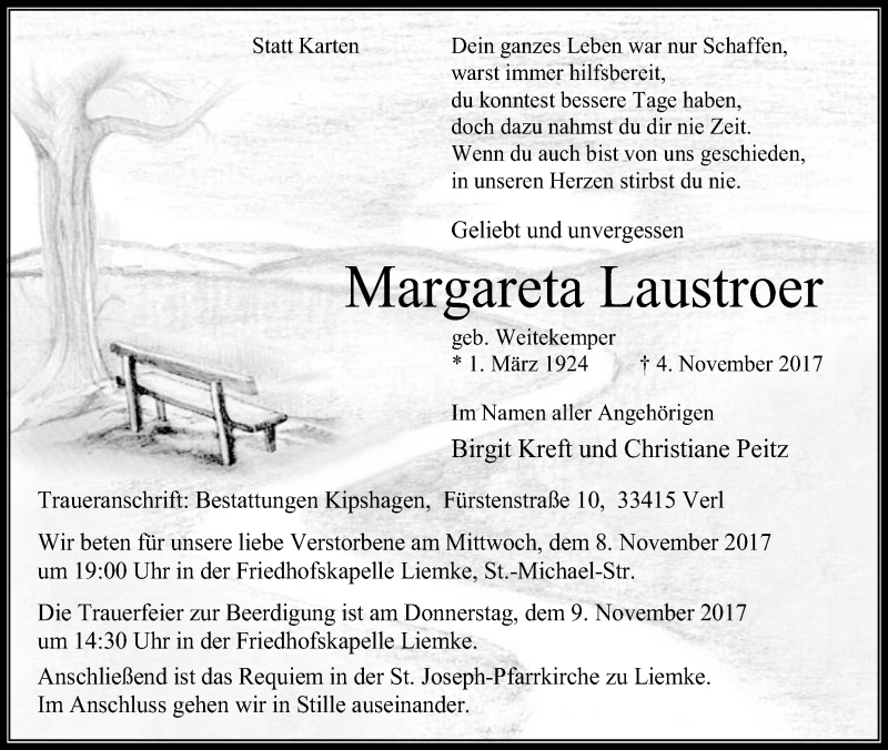  Traueranzeige für Margareta Laustroer vom 06.11.2017 aus Die Glocke