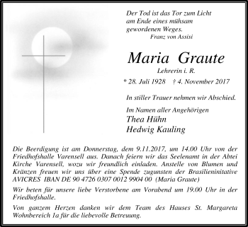 Traueranzeige von Maria Graute von Die Glocke