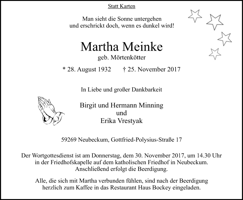  Traueranzeige für Martha Meinke vom 28.11.2017 aus Die Glocke