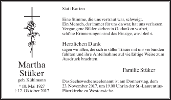 Traueranzeige von Martha Stüker von Die Glocke