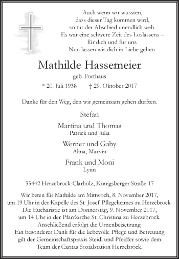 Traueranzeige von Mathilde Hassemeier von Die Glocke