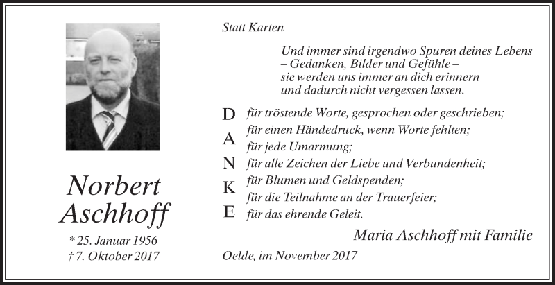  Traueranzeige für Norbert Aschhoff vom 18.11.2017 aus Die Glocke