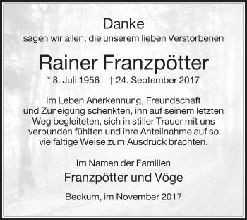 Traueranzeige von Rainer Franzpötter von Die Glocke