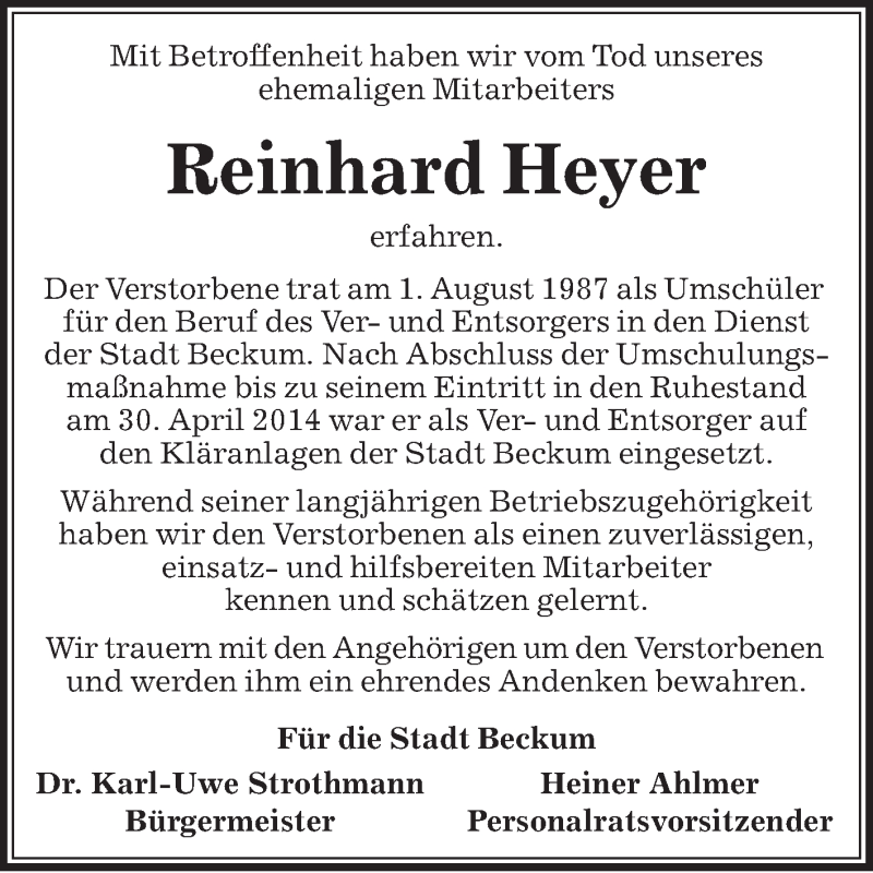  Traueranzeige für Reinhard Heyer vom 09.11.2017 aus Die Glocke