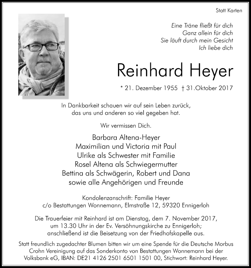  Traueranzeige für Reinhard Heyer vom 04.11.2017 aus Die Glocke