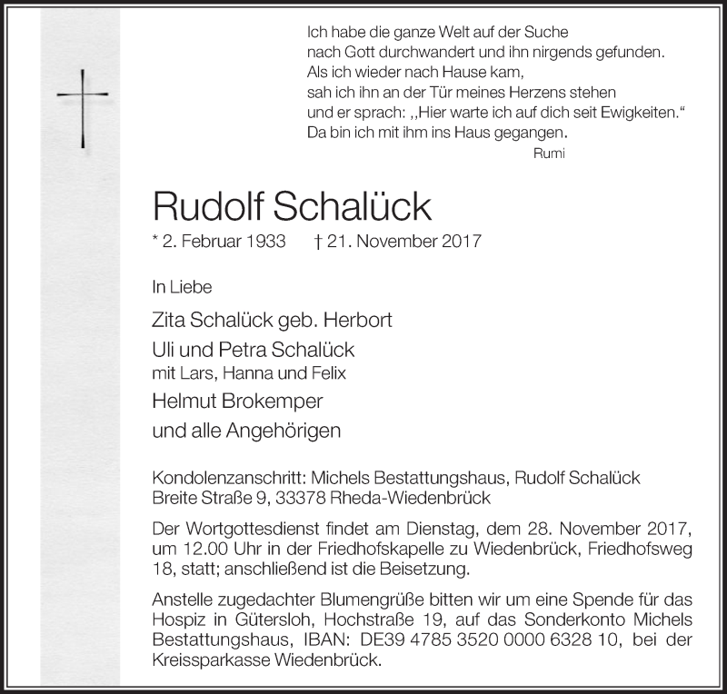  Traueranzeige für Rudolf Schalück vom 24.11.2017 aus Die Glocke