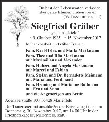 Traueranzeige von Siegfried Gräber von Die Glocke