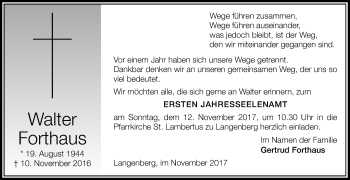 Traueranzeige von Walter Forthaus von Die Glocke