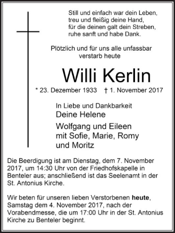 Traueranzeige von Willi Kerlin von Die Glocke