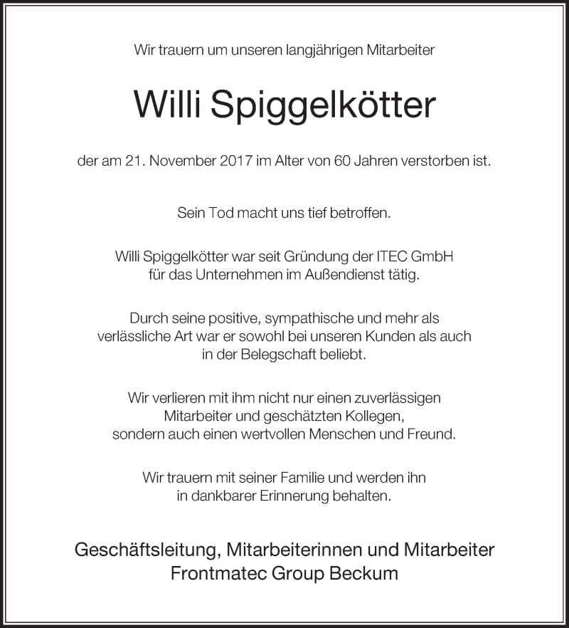  Traueranzeige für Willi Spiggelkötter vom 25.11.2017 aus Die Glocke