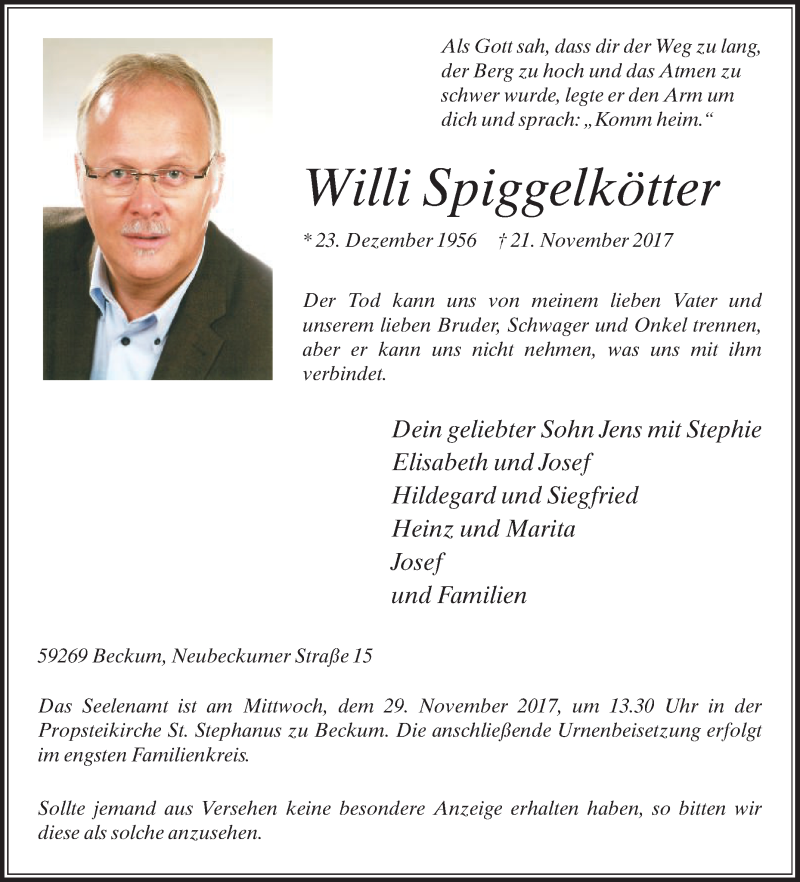  Traueranzeige für Willi Spiggelkötter vom 25.11.2017 aus Die Glocke