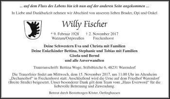 Traueranzeige von Willy Fischer von Die Glocke