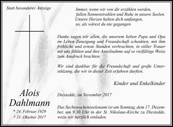 Traueranzeige von Alois Dahlmann von Die Glocke
