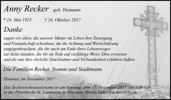 Traueranzeige von Anny Recker von Die Glocke