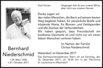 Traueranzeige von Bernhard Niederschmid von Die Glocke