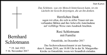 Traueranzeige von Bernhard Schlotmann von Die Glocke