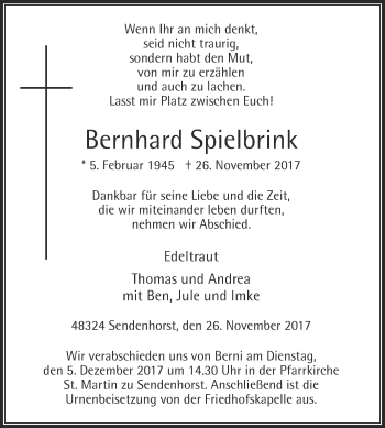 Traueranzeige von Bernhard Spielbrink von Die Glocke