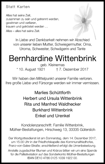 Traueranzeige von Bernhardine Wittenbrink von Die Glocke