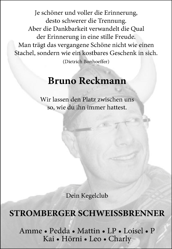  Traueranzeige für Bruno Reckmann vom 16.12.2017 aus Die Glocke