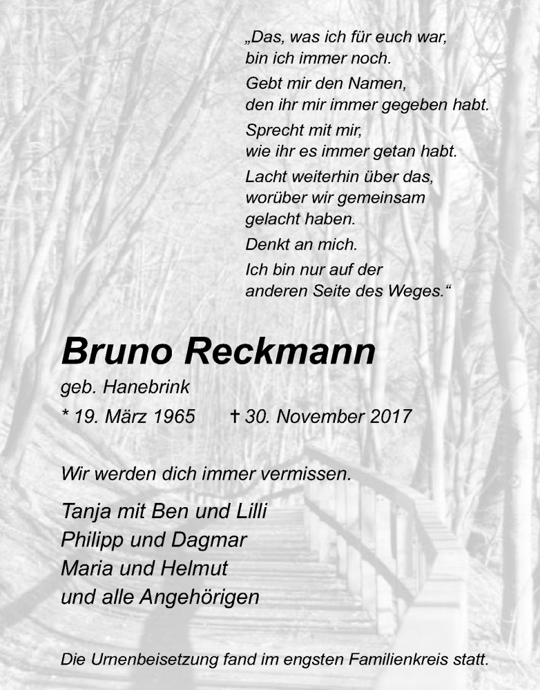 Traueranzeige für Bruno Reckmann vom 13.12.2017 aus Die Glocke