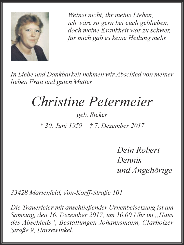  Traueranzeige für Christine Petermeier vom 13.12.2017 aus Die Glocke